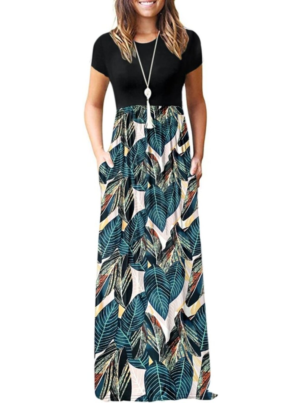 Women Black Leaf Print Short Sleeve Loose Plain Maxi Pockets Casual Long Dresses
